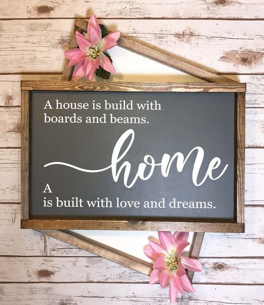 Rustic Sign - A house is built with Boards and Beams. A home is built with Love and Dreams